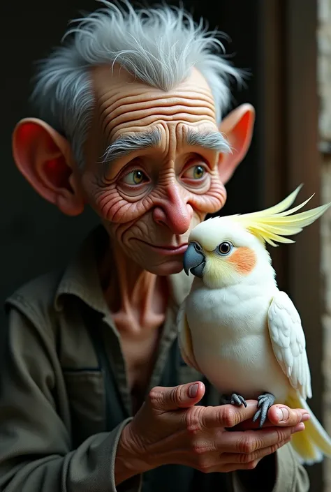 Create the ultra realistic image prompt of a very old boy and his cockatiel together.