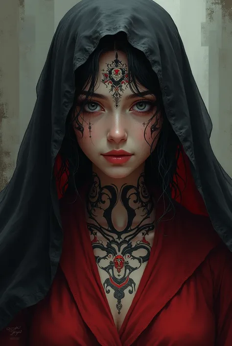 a painting of a woman with tattoos on her face, stylized urban fantasy artwork, black veil, in stunning digital paint, wearing cultist red robe, photorealistic anime girl render, symmetrical portrait rpg avatar, hyper real painting, award - winning paintin...