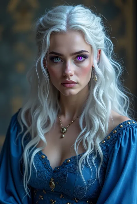 Create a Baratheon woman with long curly and voluminous silver hair with heterochromia, one purple and the other blue eye with blue-colored dresses