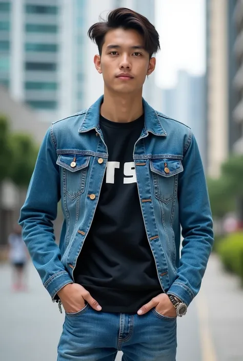  photography portrait A young handsome Thai man aged 27 years with neat dark brown hair stands outdoors against the background of modern buildings.  He wears a blue denim jacket that looks fashionable , combined with a black sweatshirt with the inscription...