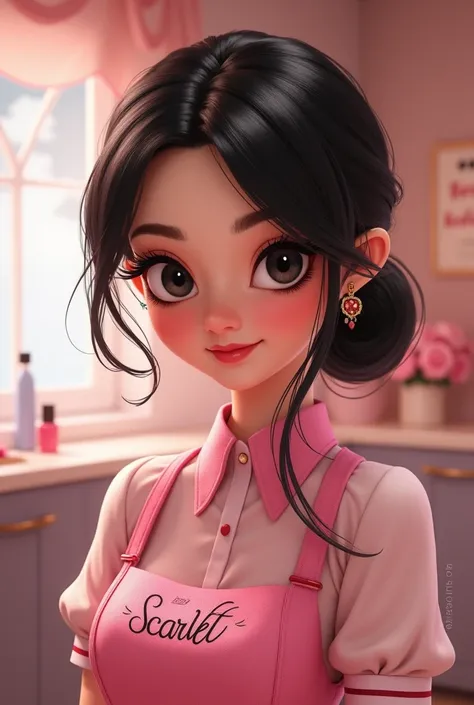 Create a Disney type manicurist ,  smooth black hair with long eyelashes and black eyes , 
 And on the apron say Scarletts name and pink uniform and all the space more neutral but lets see that shes a manicurist
