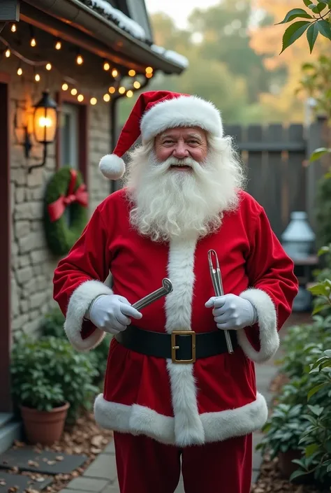 Backyard dental office with Santa Claus ready to treat patients with instruments in hand 