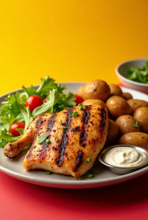 bottom:  Use a striking background with vibrant colors that highlight ,  like red or yellow . Main Image:  Place a large and appetizing image of a Grilled Chicken with potatoes, salad and creams on a plate  