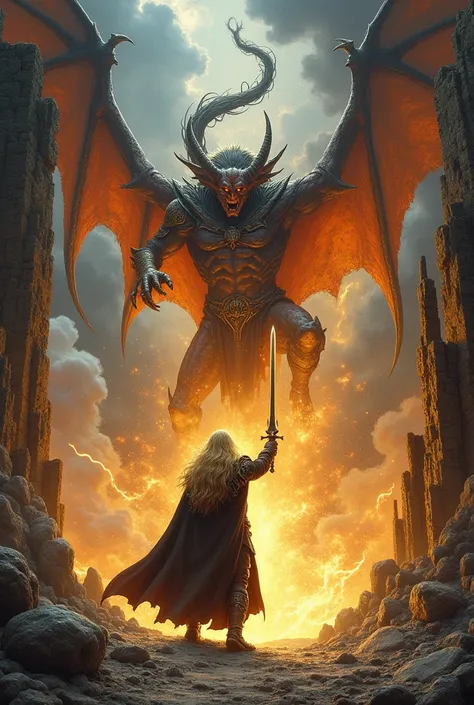 It illustrates a cover for a power metal album based on the fight between Glorfindel and El Balrog according to Tolkien in his book The Silmarillion