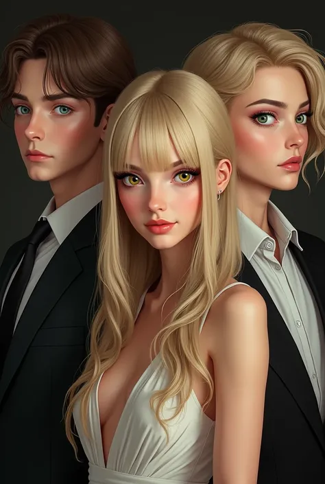 Create the image of a blond woman with bangs and long hair with amber eyes ,  with a white man with green eyes and brown hair wearing a black suit on his left side,  and a blond man with short amber eyes dressed in a feminine fashion on her right side  