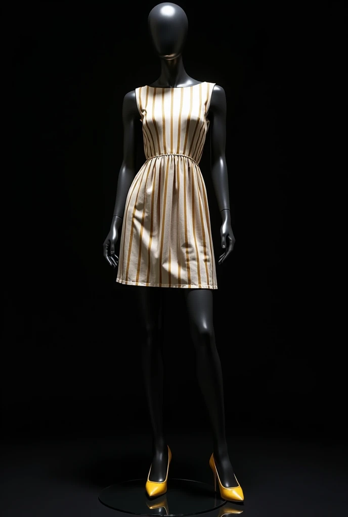 On the black glass floor .  black background. Black mannequin with beautiful pose.  Leonilda printed taffeta dress .  Straight fit short dress .  Yellow high-heeled sandal and thin white stocking .  Leonilda white taffeta dress with indefinite stripes insp...