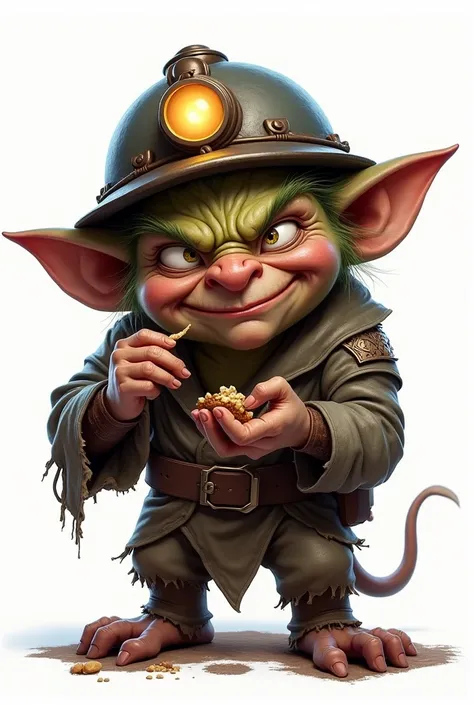 Bad goblin with miners helmet and lamp, eating, fondo blanco