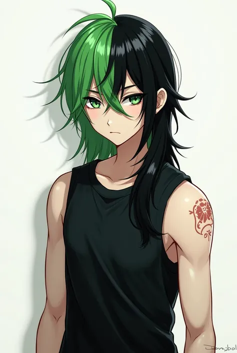 Illustrates a young man with the front part of his hair green and the other part of the back, his hair is black, his hair is long, it is white, he wears a black muscle shirt