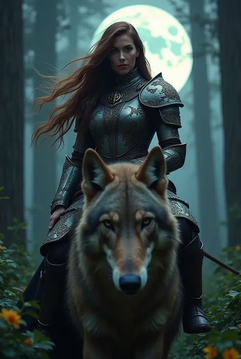 April Michelle Bowlby, braunhaarig,  long hair,  armor ,  cropped , tattoo, wolf riding , Forest, Night, Full moon,  high quality, 8k,  realistic