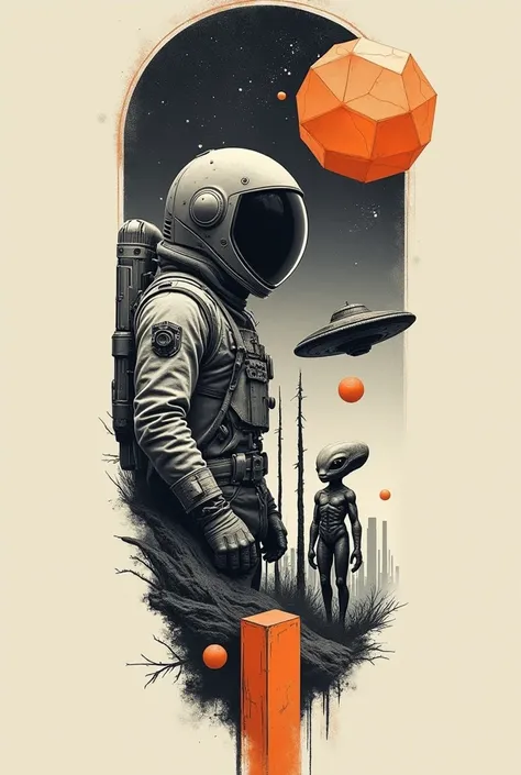 Create a simple realistic-style image with strong black and gray strokes in the form of a tattoo on a forearm. In this image, in realistic style in black and gray .  Create a futuristic astronaut with a futuristic glass helmet. Create an orange dodecahedro...