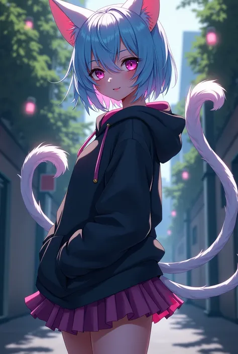 femboy neko with blue and pink hair with a black Hoodie and skirt with 2 tails and a dick