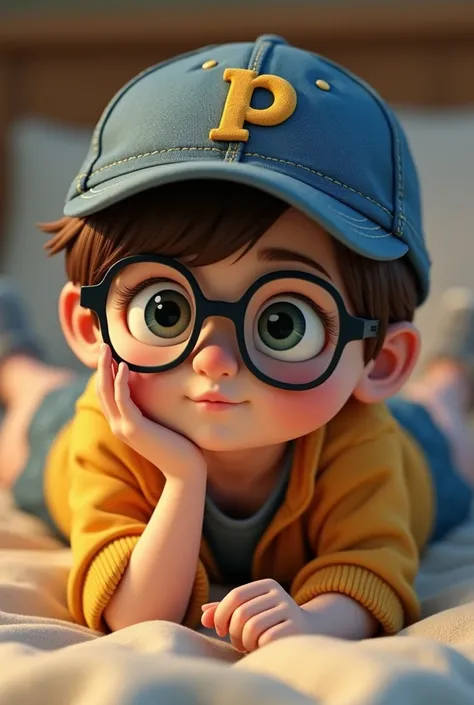 Create a 3D cartoon illustration, Art Toy, Chibi style, Long view, Cute boy with chocolate brown hair wearing a blue denim baseball cap with the word "P" embroidered on the cap. He has large blue-green eyes, wears black square glasses and is wearing a yell...