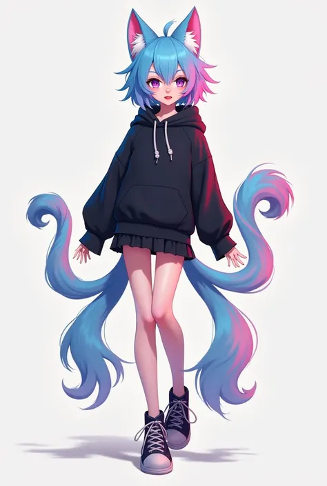 femboy neko with blue and pink hair with a black Hoodie and skirt with 2 tails