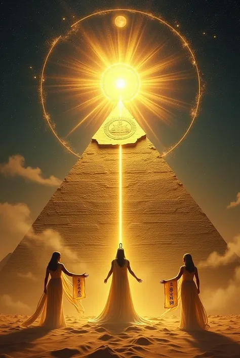 A mystical representation of Egyptian Kabbalah for a person born on 06/12/1990. The central focus is a radiant golden pyramid emitting spirals of glowing energy, symbolizing wisdom, leadership, and spiritual power. At the pyramids apex, the solar disk of R...