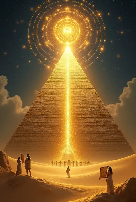 A mystical representation of Egyptian Kabbalah for a person born on 06/12/1990. The central focus is a radiant golden pyramid emitting spirals of glowing energy, symbolizing wisdom, leadership, and spiritual power. At the pyramids apex, the solar disk of R...