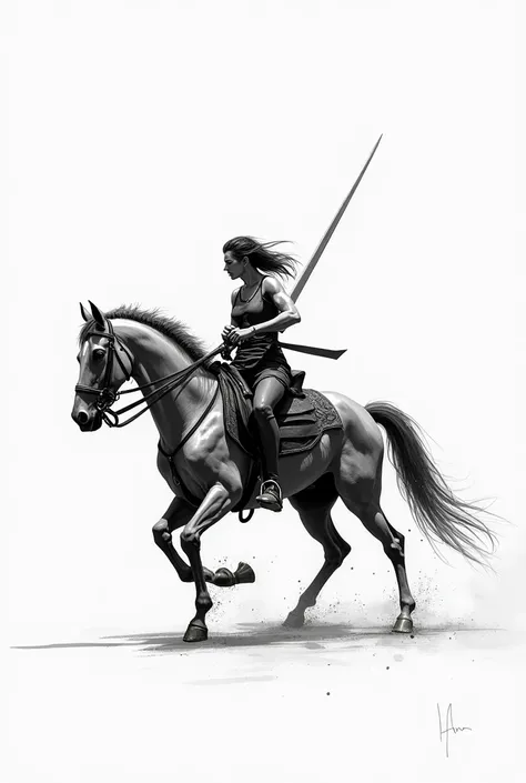 Give me an image of a person riding a horse with a sword,  but that it looks like a sketch, only that you can see the shape 