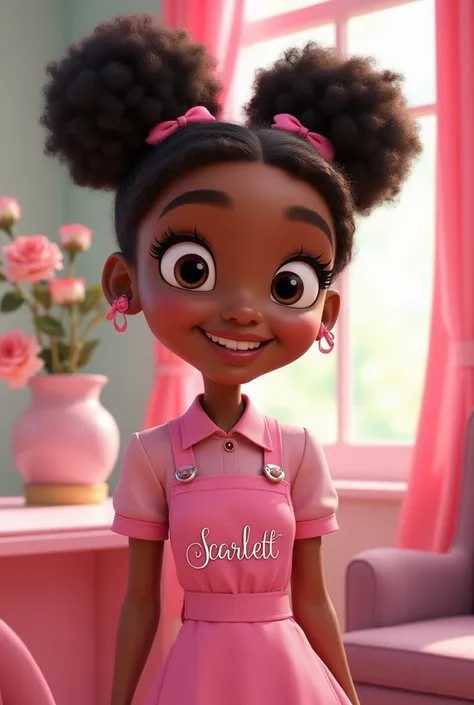 Create a Disney-style manicurist with a pink uniform, smooth, black film with black eyes and in the apron to say Scarlett 