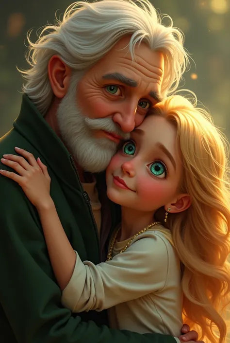 A blond girl with green eyes with her favorite uncle Morocchio with numbered blue eyes embracing

