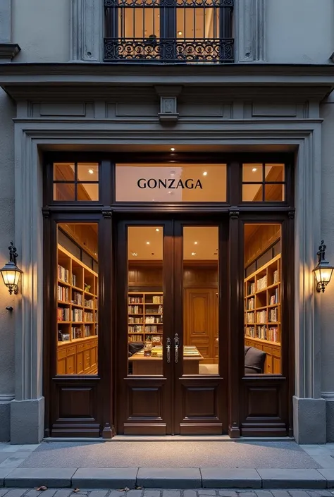 create the façade of a harmonious and illuminated notary ,  where you can see its structure and that has characteristics of a modern architect,  that bears an elegant sign with the name : GONZAGA ,  this will serve the public   