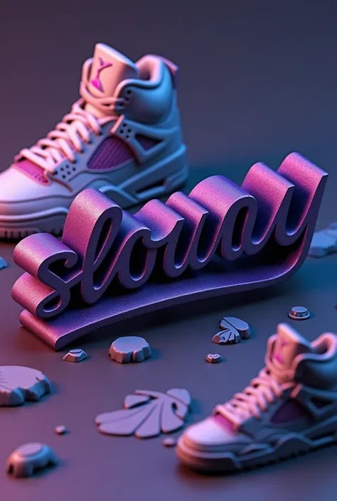 fait un logo  avec le mot Sloway avec un effet 3D  en dégradé de couleurs en violet noir et en fond met des chaussure en 3 comme des jordan 4 et jordan 1