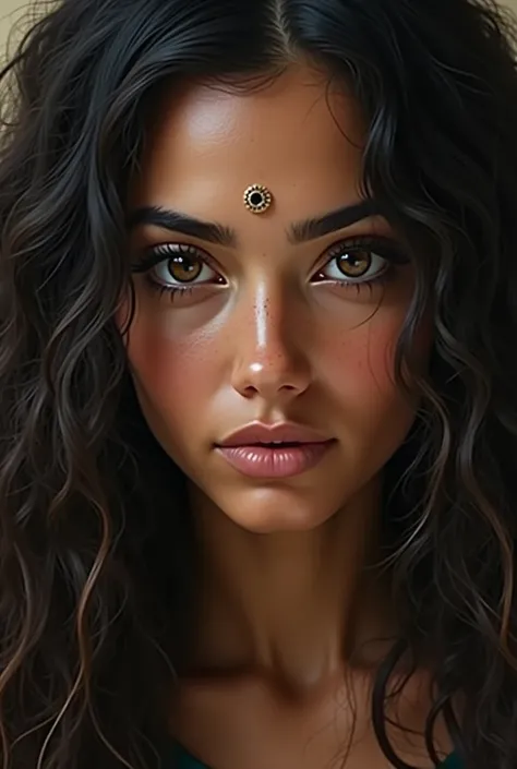  38-year-old woman with traits 30% Arabs and 70 %  Native Americans , small, long hair, curly square face , big dark brown eyes,  arched eyebrows , Greek nose, thin lips, with cat-type lenses .