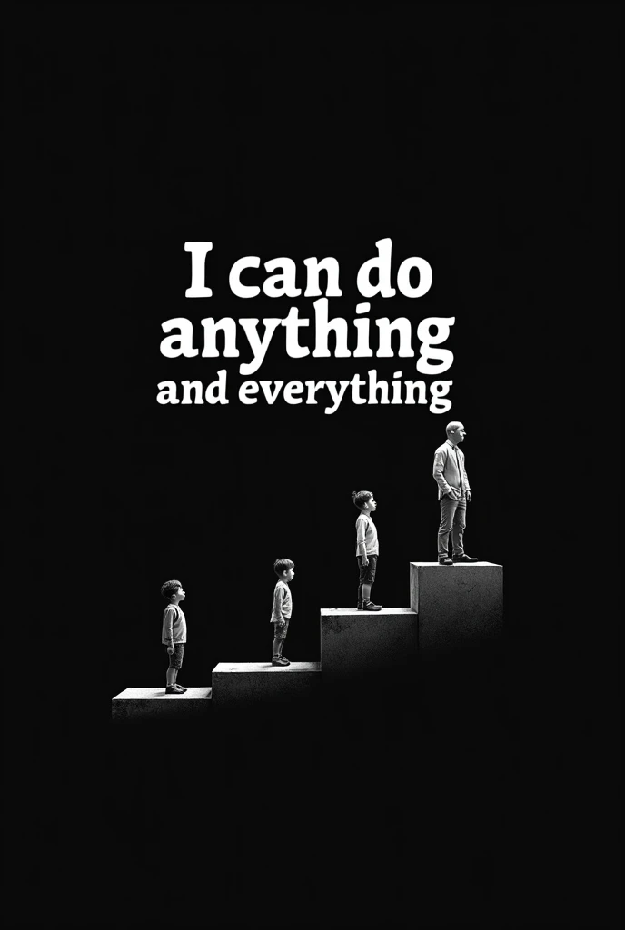 Create an image with a black background and the phrase I can do anything and everything in bold white letters. On the left, a small person stands. In the middle, a slightly taller person climbs a step. On the right, a large, confident person stands, indica...