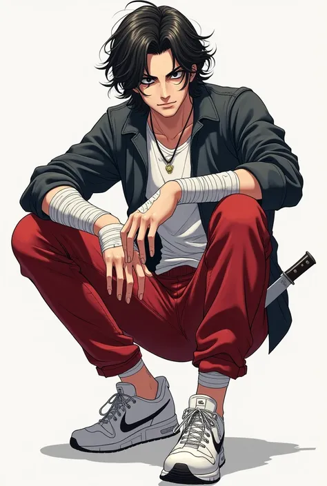 Un Hombre anime version 
Wavy hair , Black eyes wear bandages on the cuffs on the abdomen 
A pair of red pants and a white pair of sneakers 
And he has a knife on his leg 