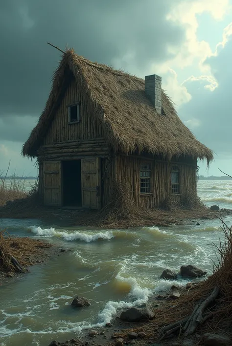 Create a photo of a destroyed house made of straw, flooded, photorealistic, highly detailed 