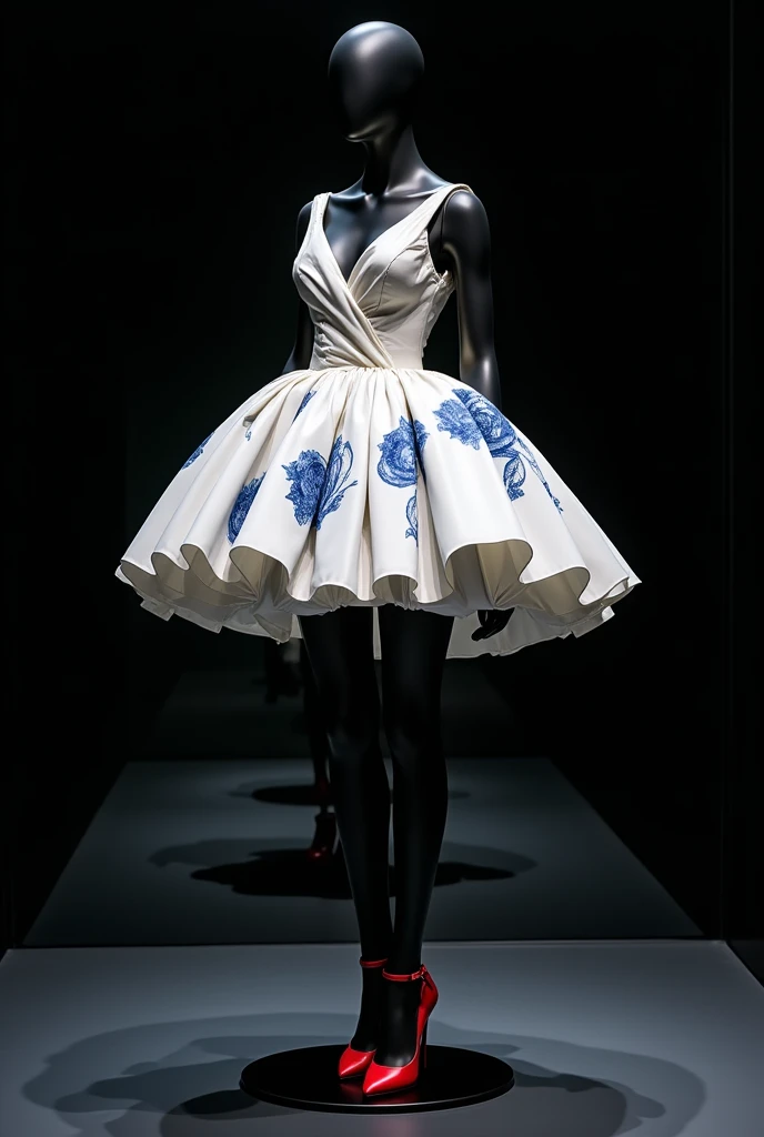 On the black glass floor .  Black background and black mannequin .  Make a white Leonilda taffeta dress with blue conate yarn print. haute couture.  Leonilda taffeta dress with ribbed yarn print and short skirt .  considerable volume. voluminous.  Beautifu...