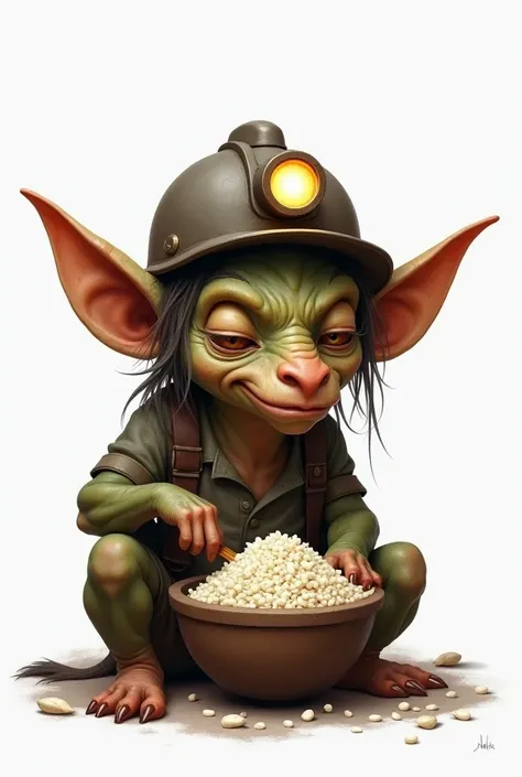 Mining goblin with miners helmet,  eating rice , fondo blanco