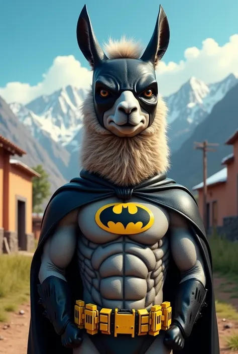 Generate the realistic image of a Peruvian llama wearing the Batman costume