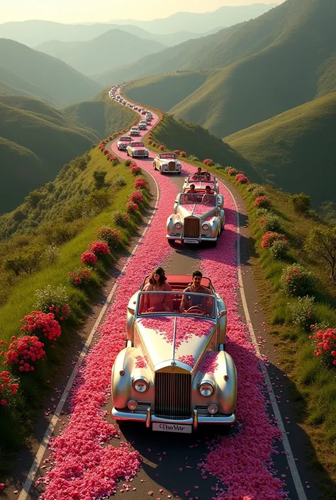 Wedding Barat coming in hills in branded cars decorated with rose drone view realistic