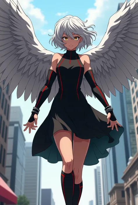 My hero academia font, daughter of hawks and mirko, she has white hair like mirko, gold eyes like hawks, she has hawks eyes as well, mirkos body but less muscle, and has a falcon quirk, she has gray wings like hawks, and her hero suit is a no sleeve black ...