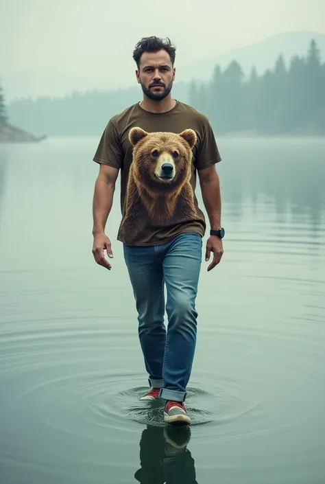 One smart guys walking wearing bear shirt on top off water 