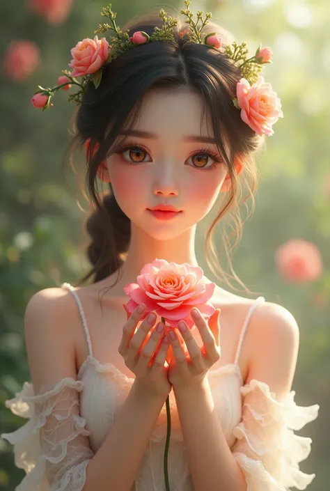 A cute girl is holding a rose flower