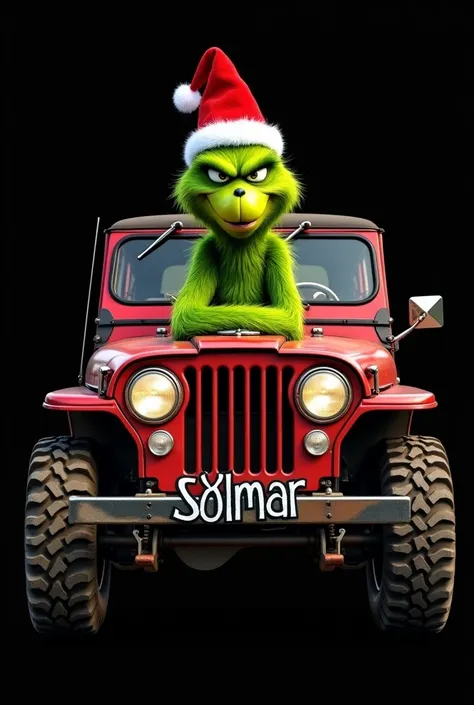 A Grinch wearing a Christmas hat ,  inside an old red Jeep CJ5 car , with wide tires ,  with the name SílMar flashy in large, seen from the front Black background