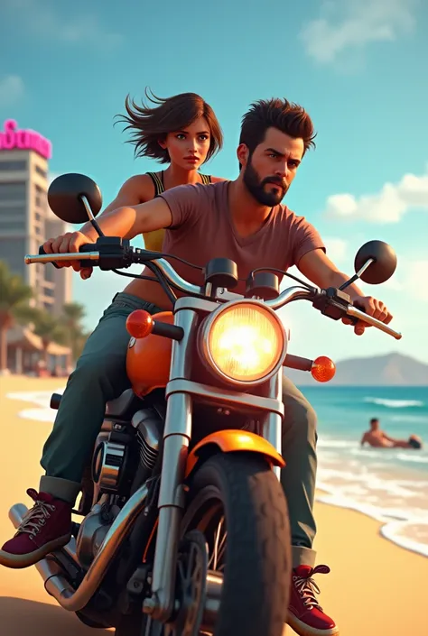 Girl with short hair on her shoulders with a boy with a beard on a motorcycle with a beach background with Gta lights