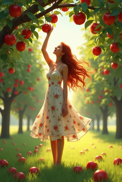 Woman picking apples from tree 
