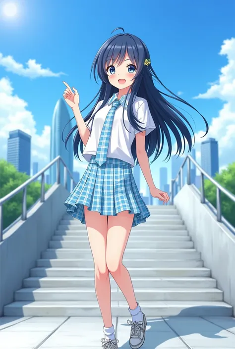 Navy black long haired blue-eyed high school girl short sleeve light blue plaid miniskirt light blue plaid necktie student shoes white socks anime blue sky city staircase hairpin