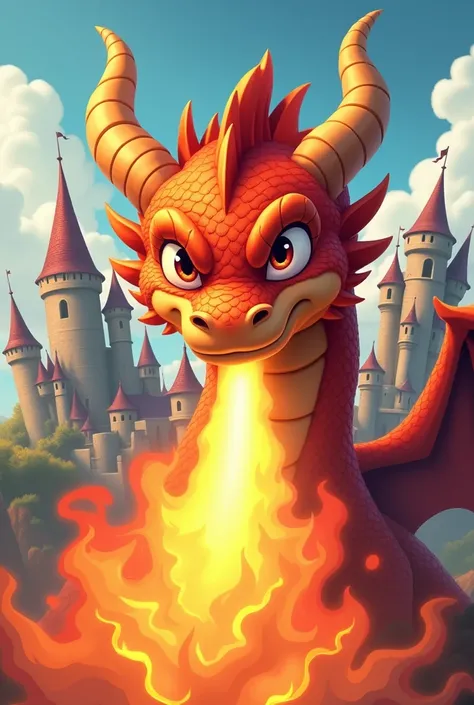 dragon breath fire do eye contant with the image ,castle background,cartoon