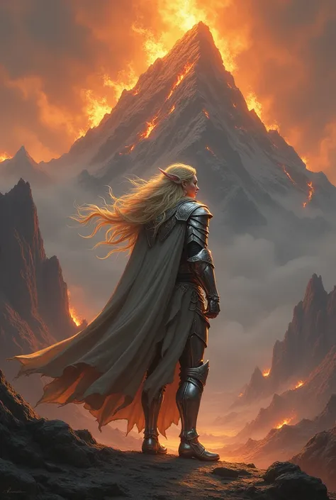  Illustrates an elf in silver armor and golden hair,  a warrior of dark evil , a shining jewel ,  in a battle at the foot of a burning mountain 