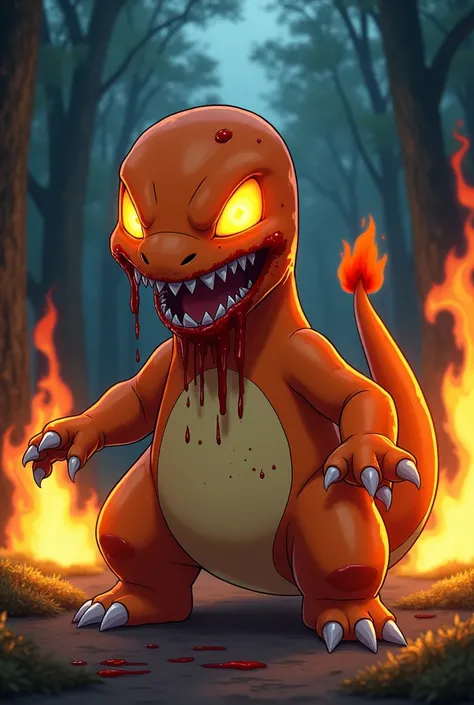 Create a stunningly realistic image of a terrifying Charmander from the Pokémon anime in zombie form, with wide, flaming eyes and a creepy grin, with blood dripping from its mouth, full-body image. Against a backdrop of a forest on fire at night.