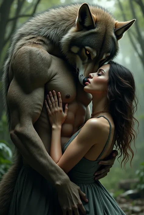 Visualize a picture of a gorgeous beauty, a Hannah Waddingham look-alike, wearing a white tank top and pink thong and is in a romantic embrace with a werewolf.