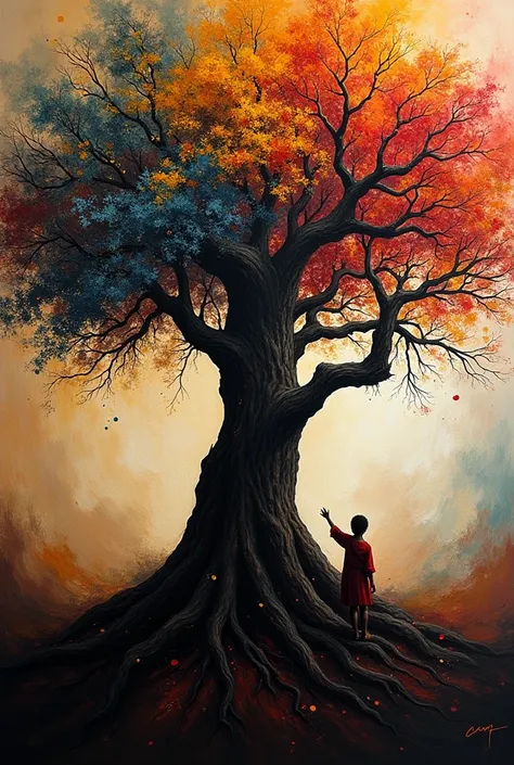 Living tree , African colors, Black wood, Imposing emperor, oil painting, dramatic angle