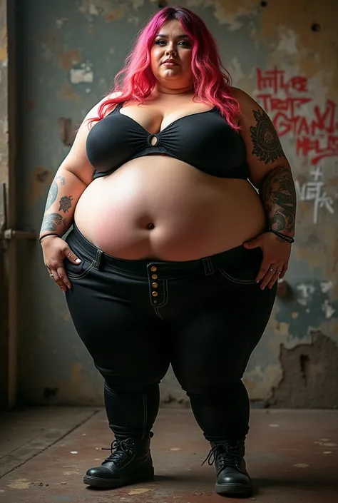 score_7, score_8, score_9, overinflated Ashley alexiss, punk rock, gigantic protruding belly, obese, plump fat, big cleavage, big breasts, overflowing bra, pumped by air compressor to extremely large proportions, wearing tight spandex ripping