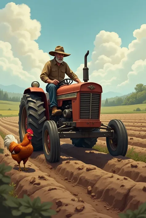 A tractor ploughing the ground gets down from the tractor at the sight of a chicken 