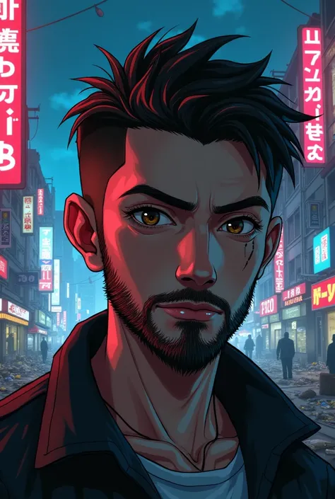 Close up, an otaku boy with a beard and brown eyes fade cut with neon lights in a city full of chaos and destruction