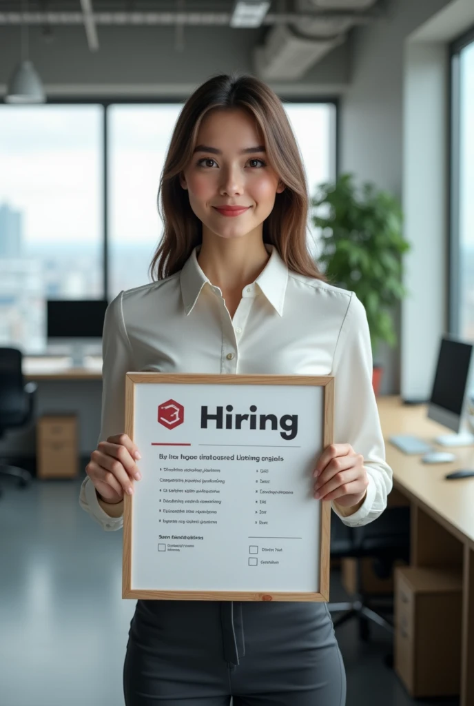 A Realistic image of a girl holding hiring board in an office environment