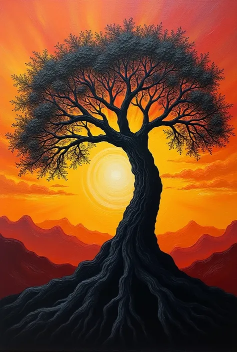  living tree Imperadora stately, Background with African colors , Black wood,  oil painting, dramatic angle