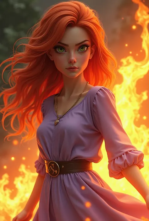 An 18-year-old , olive green eyes, Red haired hair wearing a long-sleeved lilac dress angrily and manipulating fire